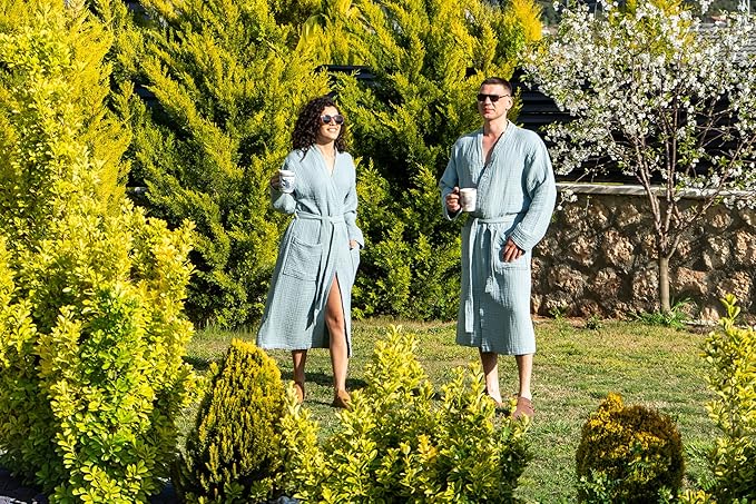 Muslin Unisex Bathrobe Women & Men, 100% Cotton Kimono Lightweight Robe | Long Robes Soft, Absorbent, Spa robes