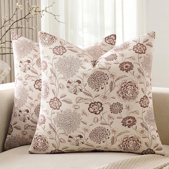 100% Cotton Botanical Throw Pillow Covers Set of 2, 18x18 Inch Taupe, Farmhouse Double-Sided Floral Print Decorative Cushion Covers Pillow Cases Boho Home Decor