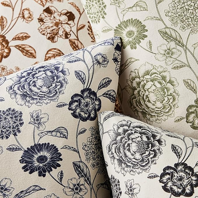 100% Cotton Botanical Throw Pillow Covers Set of 2, 18x18 Inch Moss, Farmhouse Double-Sided Floral Print Decorative Cushion Covers Pillow Cases Boho Home Decor