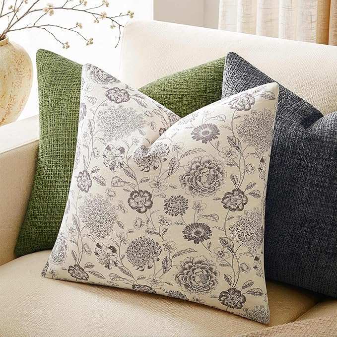 100% Cotton Botanical Throw Pillow Covers Set of 2, 18x18 Inch Grey, Farmhouse Double-Sided Floral Print Decorative Cushion Covers Pillow Cases Boho Home Decor