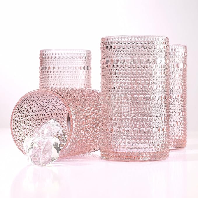 Glaver's Hobnail Drinking Glasses, Pink Vintage Glassware Set, Beaded Drinking Glasses, Set Of 4 15 oz Cocktail Glass Set, Bubble Glasses, For Everyday Usage