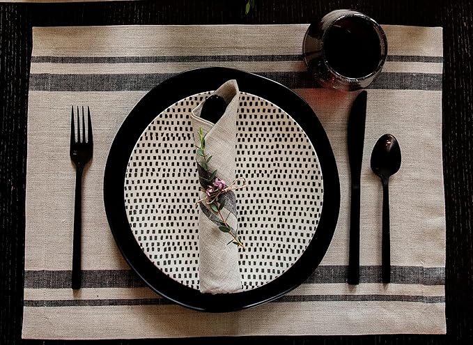 Solino Home Linen Dinner Napkins 20 x 20 Inch - 100% Pure Linen French Stripe Black and Natural Napkins Set of 4 for Summer