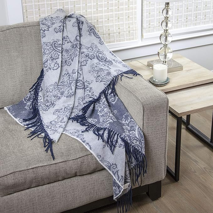 Calyx Interiors Wool Throw Blanket – 50 x 60in Lambswool Throw Blanket with Tassels – Soft and Warm Thick Wool Throw – Throw Blanket for Couch, Bed, Sofa – Warm Blanket for Winter (Navy/Gray)