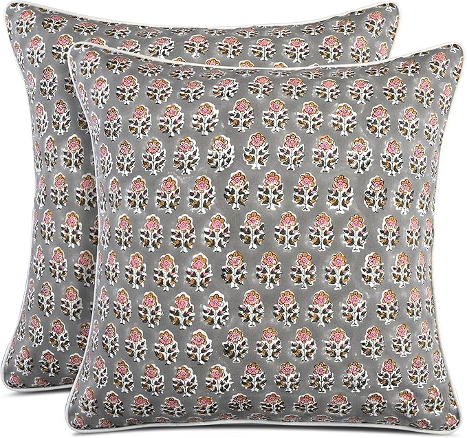 CPC 100% Cotton Throw Pillow Covers 20x20 Inch, Set of 2 Gray Block Print Pattern Couch Pillow, Cute Boho Decorative Pillows for Living Room, Bedroom with Hidden Zipper- Labra Gray