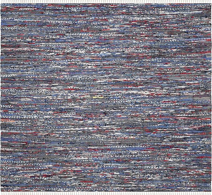 SAFAVIEH Rag Rug Collection Area Rug - 6' Square, Blue & Multi, Handmade Boho Stripe Cotton, Ideal for High Traffic Areas in Living Room, Bedroom (RAR128B)