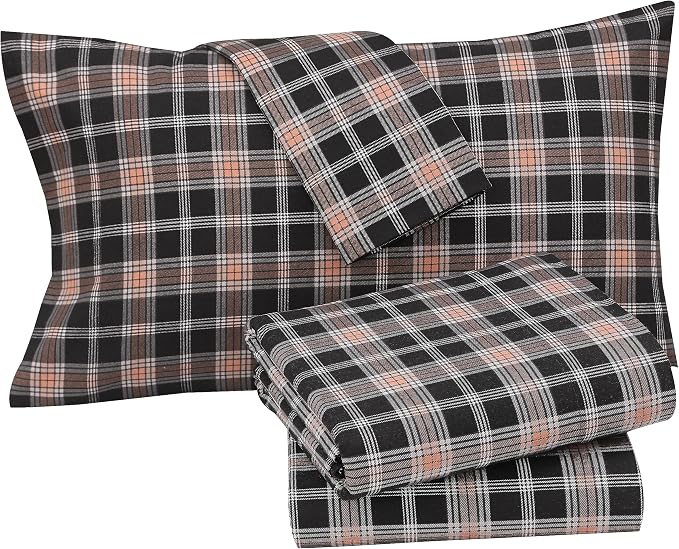 RUVANTI Flannel Sheets Full Size - 100% Cotton Double Brushed Bed Sheets Set, Deep Pockets 16 Inches, All Seasons Breathable & Extra Soft Full Sheets, Warm & Cozy, 4 Piece, Peach & Black Plaid