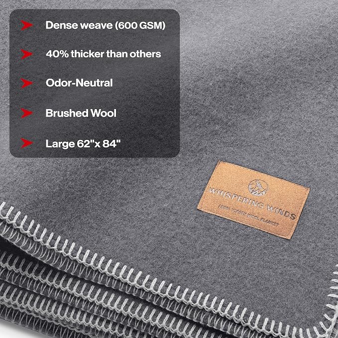Whispering Winds 100% Wool Blanket, Premium Twin Size (62"x84") | Soft, Warm, Thick, Comfortable, For Bed, Couch, Home, Car, Camping, Outdoors, Survival