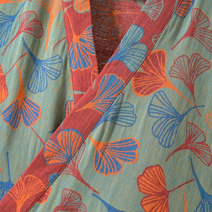 100% Cotton Gauze Ginkgo Leaf Kimono Robe, Long Knit Loose Bathrobe Nightgown Ladies Loungewear Sleepwear for Women