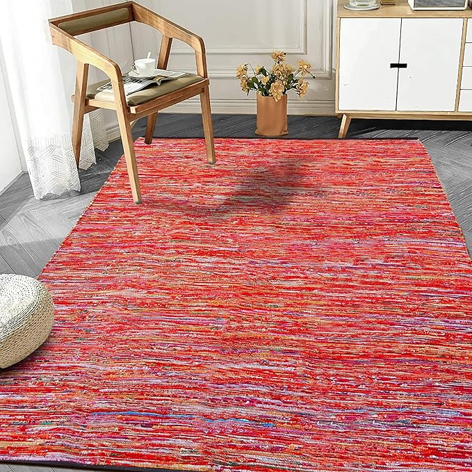 Ramanta Home Cotton Multi Color Chindi Hand Woven Rugs - 8x10 Feet Rectangle Hand Braided Bohemian Colorful Area Rug - Recycled Braided Chindi Rugs- Biodegradable Area Rugs Size 96x120 inch.