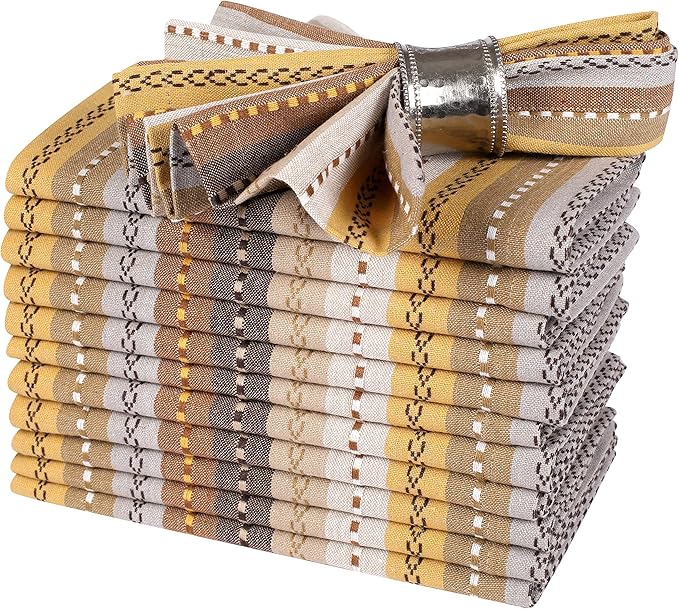 Salsa Stripe Set of 12 Pure 100% Cotton Cloth Napkins 18x18 Inch Dinner Napkin, Wedding Napkins, Machine Washable, Cocktail Napkin, Beige Multicolor-Life By Cotton