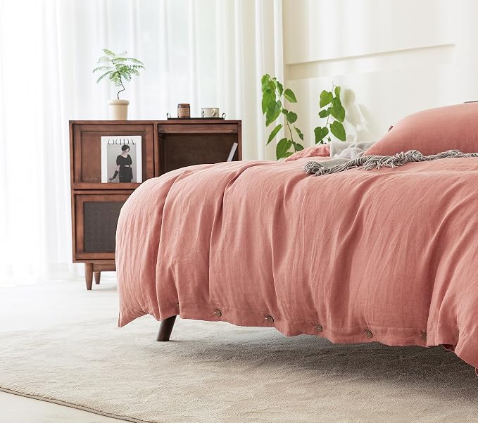 EVERLY 100% Pure Linen Duvet Cover Set Queen Size90X90Inch 3pcs (1 Duvet Cover,2 Pillowcases) Soft and Breathable for All Season with Coconut Button Closure, Suitable for Hot Sleepers-Pink-Queen