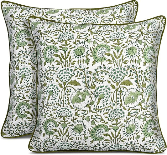 CPC 100% Cotton Throw Pillow Covers 20x20 Inch, Set of 2 Green Block Print Pattern Couch Pillow, Cute Boho Decorative Pillows for Living Room, Bedroom with Hidden Zipper- Agate Green