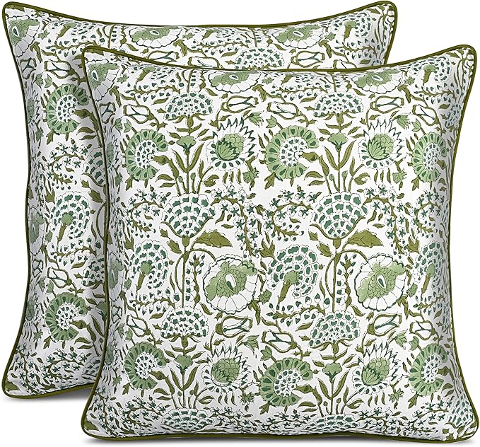 CPC 100% Cotton Throw Pillow Covers 24x24 Inch, Set of 2 Green Block Print Pattern Couch Pillow, Cute Boho Decorative Pillows for Living Room, Bedroom with Hidden Zipper- Agate Green
