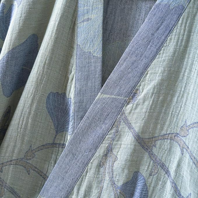 100% Cotton Gauze Ginkgo Leaf Kimono Robe, Long Knit Loose Bathrobe Nightgown Ladies Loungewear Sleepwear for Women