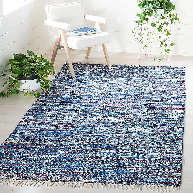 SAFAVIEH Rag Rug Collection Area Rug - 6' Square, Blue & Multi, Handmade Boho Stripe Cotton, Ideal for High Traffic Areas in Living Room, Bedroom (RAR128B)