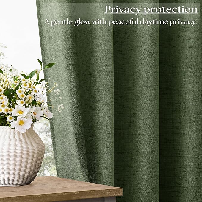 90 Inch Length 2 Panels Olive Green Linen Curtains Loden Filtering Semi Sheer Grommet Drapes Thick Linen Privacy Boho Farmhouse Window Curtain for for Bedroom Office Sliding Door 52x90