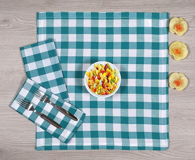 Dinner Napkin Gingham Plaid Check, 100% Cotton, Wedding & Cocktail, Fabric with Mitered Corners & Generous Hem, Set of 12, 18x18 inches, Teal White Checks