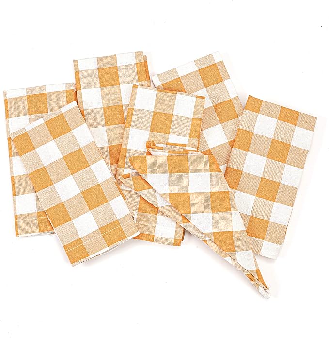 Check Cloth Dinner Napkins 18x18 Gingham Buffalo Set of 12, 100% Cotton Dinner Cocktail Napkins, Wedding Napkins with Mitered Corners and Generous Hem - Mustard White -Life By Cotton