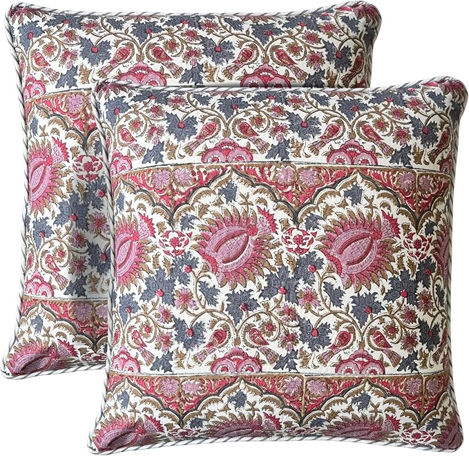 ATOSII Block Print Throw Pillow Covers, 18 X 18 - Set of 2, Decorative Couch Pillows for Living Room Bed Sofa, 100% Cotton Canvas Pillow Case for Home Decor & Outdoors, Preppy Throws - Bella