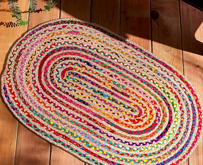 Savi Home Farmhouse Jute Cotton Chindi Rug 4x6 Oval Multicolor, Handwoven Braided Area Rug for Living Room, Kitchen, Entryway & Bathroom