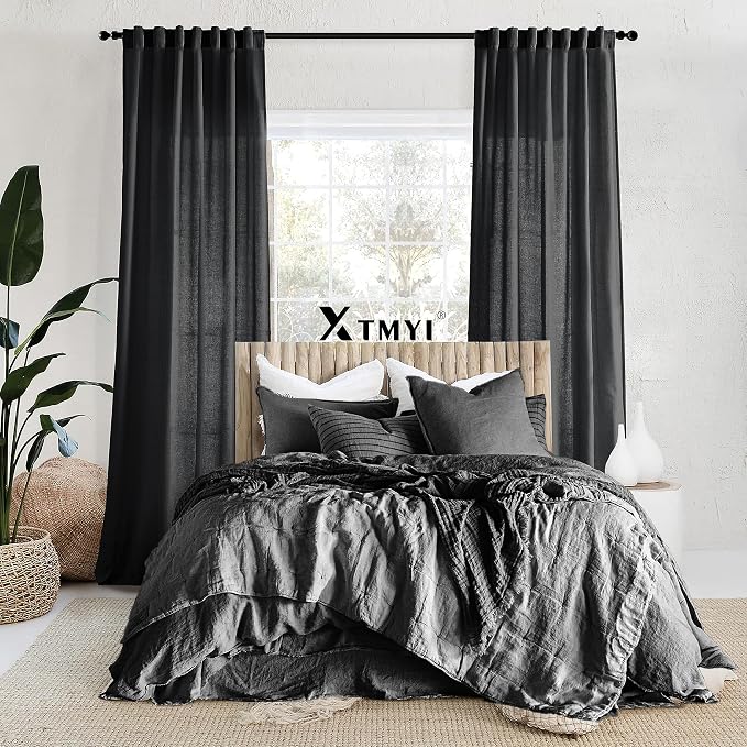 XTMYI Black Linen Curtains 84 Inches Long for Bedroom, Back Tab Pleated Semi Sheer Privacy Light Filtering Boho Window Drapes for Living Room, 84 Length 2 Panels Set