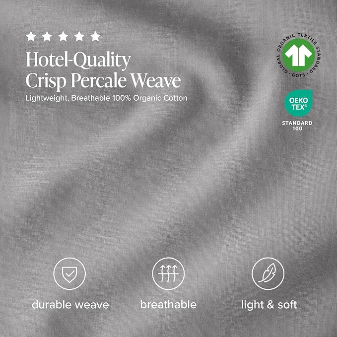 Bare Home 100% Organic Cotton Queen Sheet Set - Crisp Percale Weave - Lightweight & Breathable - Bedding Sheets & Pillowcases (Queen, Light Grey)