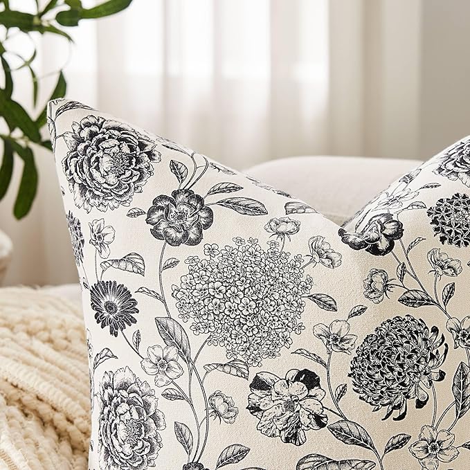 100% Cotton Botanical Throw Pillow Covers Set of 2, 24x24 Inch Black, Farmhouse Double-Sided Floral Print Decorative Cushion Covers Pillow Cases Boho Home Decor