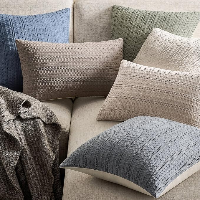 ZeeMart 100% Cotton Waffle Textured Throw Pillow Covers Set of 2, 20x20 Inch Blue Ashes, Soft Farmhouse Decorative Couch Pillow Cases Dusty Blue Cushion Covers for Sofa Bed Living Room Home Decor