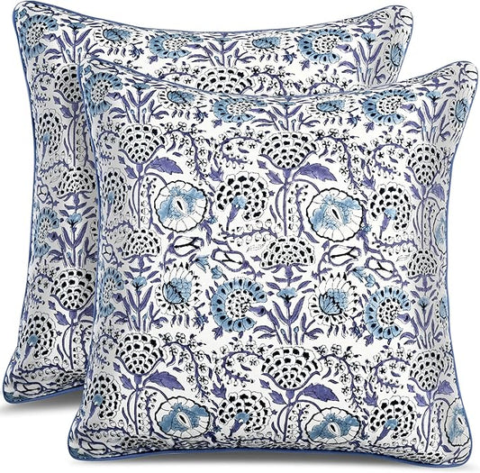 CPC 100% Cotton Throw Pillow Covers 24x24 Inch, Set of 2 Blue Block Print Pattern Couch Pillow, Cute Boho Decorative Pillows for Living Room, Bedroom with Hidden Zipper- Indigo Blue