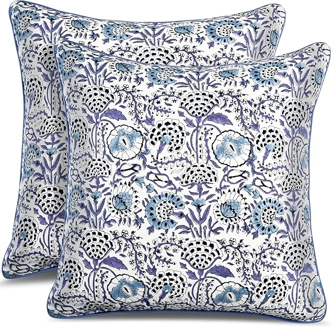CPC 100% Cotton Throw Pillow Covers 18x18 Inch, Set of 2 Blue Block Print Pattern Couch Pillow, Cute Boho Decorative Pillows for Living Room, Bedroom with Hidden Zipper- Indigo Blue