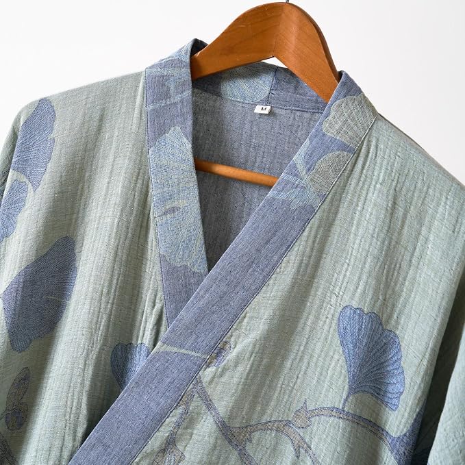 100% Cotton Gauze Ginkgo Leaf Kimono Robe, Long Knit Loose Bathrobe Nightgown Ladies Loungewear Sleepwear for Women