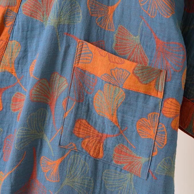 100% Cotton Gauze Ginkgo Leaf Kimono Robe, Long Knit Loose Bathrobe Nightgown Ladies Loungewear Sleepwear for Women