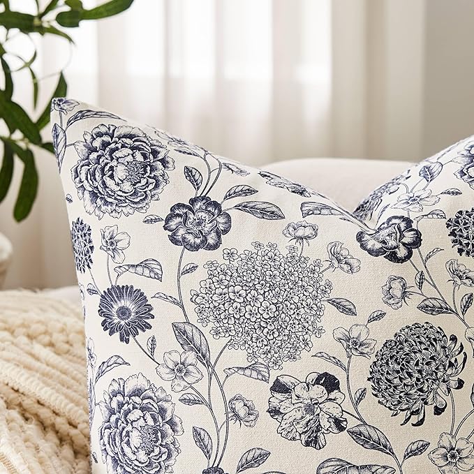 100% Cotton Botanical Throw Pillow Covers Set of 2, 18x18 Inch Navy, Farmhouse Double-Sided Floral Print Decorative Cushion Covers Pillow Cases Boho Home Decor