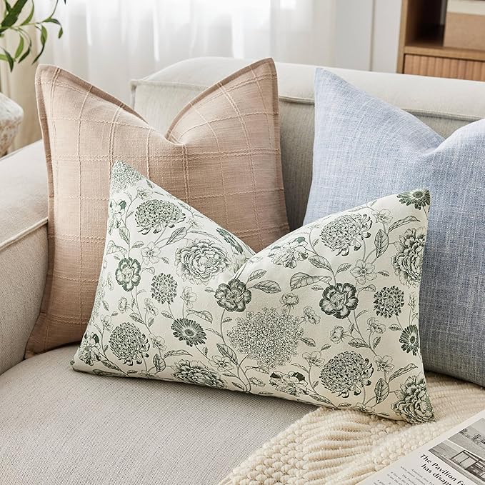100% Cotton Botanical Lumbar Throw Pillow Covers Set of 2, 12x20 Inch Black, Farmhouse Double-Sided Floral Print Decorative Cushion Covers Pillow Cases Boho Home Decor