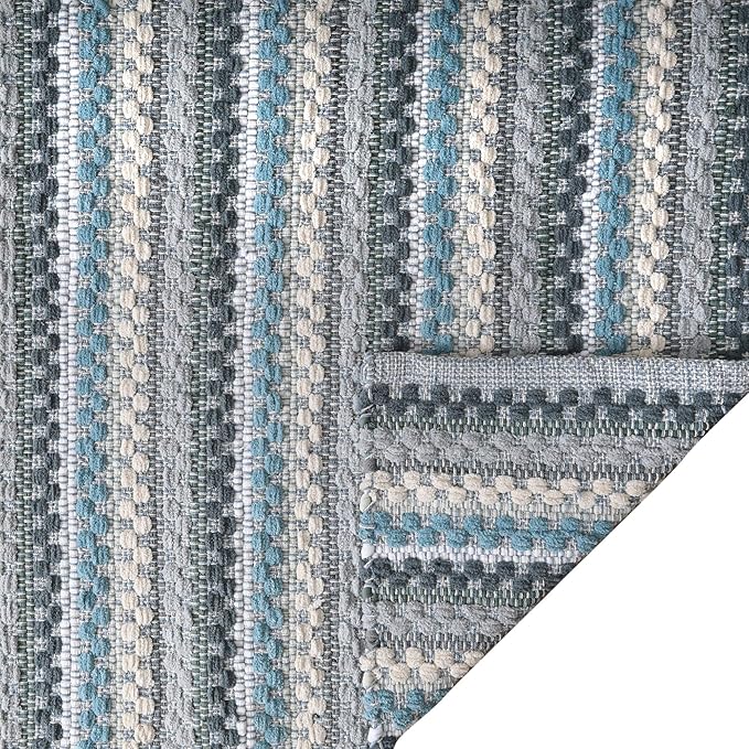 Cotton Chenille Hand Woven Area Rug 2x3 Feet - Aqua Combo, Reversible Quick Water Absorbent Accent Floor Rugs Ideal for Bathroom, Kitchen, Bedroom | Spa Blue Soft Washable Durable Mat for Home Décor
