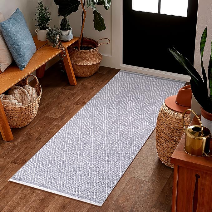 Chenille Cotton Diamond Runner Rug 2x5 Feet - Light Grey, Reversible Washable Soft Floor Runners Ideal for Kitchen, Hallway, Bedroom, Bathroom | Farmhouse Boho Indoor Use Rugs for Patio Décor
