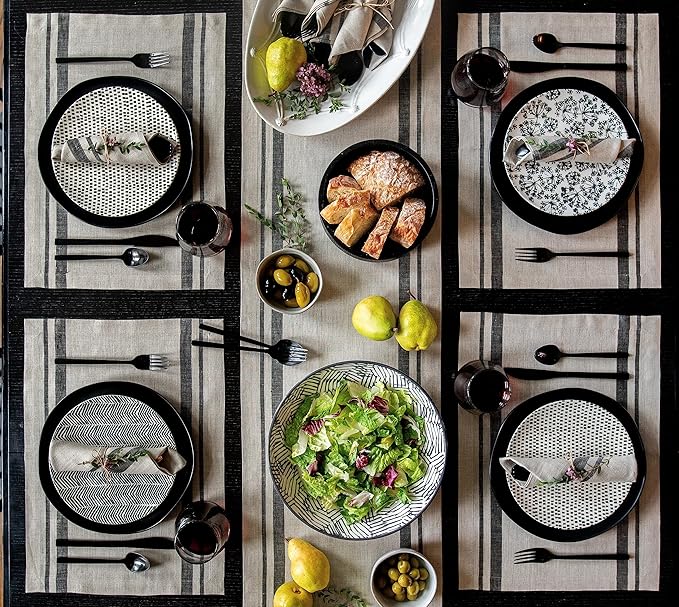 Solino Home Linen Dinner Napkins 20 x 20 Inch - 100% Pure Linen French Stripe Black and Natural Napkins Set of 4 for Summer
