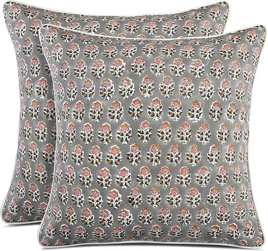 CPC 100% Cotton Throw Pillow Covers 24x24 Inch, Set of 2 Gray Block Print Pattern Couch Pillow, Cute Boho Decorative Pillows for Living Room, Bedroom with Hidden Zipper- Labra Gray