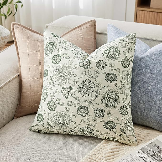 100% Cotton Botanical Throw Pillow Covers Set of 2, 20x20 Inch Olive, Farmhouse Double-Sided Floral Print Decorative Cushion Covers Pillow Cases Boho Home Decor