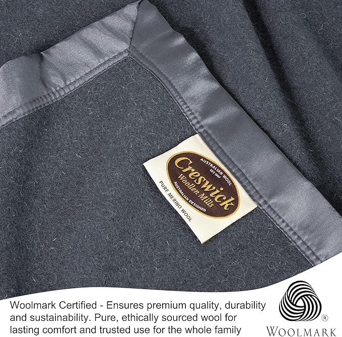 Creswick Woollen Mills 100% Australian Merino Wool Blanket – Soft Warm and Natural with Satin Binding, Breathable Luxury Bedding for All Seasons, (Charcoal, King Size)