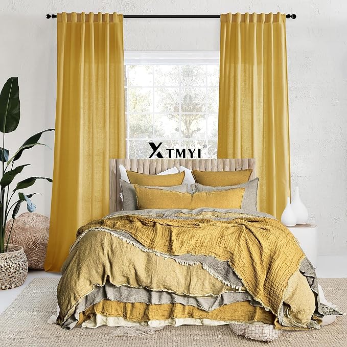 XTMYI Mustard Yellow Sheer Curtains 84 Inches Long for Spring Living Room 2 Panels Set Linen Textured Back Tab Pleated Gold Yellow Boho Retro Curtains for Bedroom Dining Room Kids Playroom,7ft Length