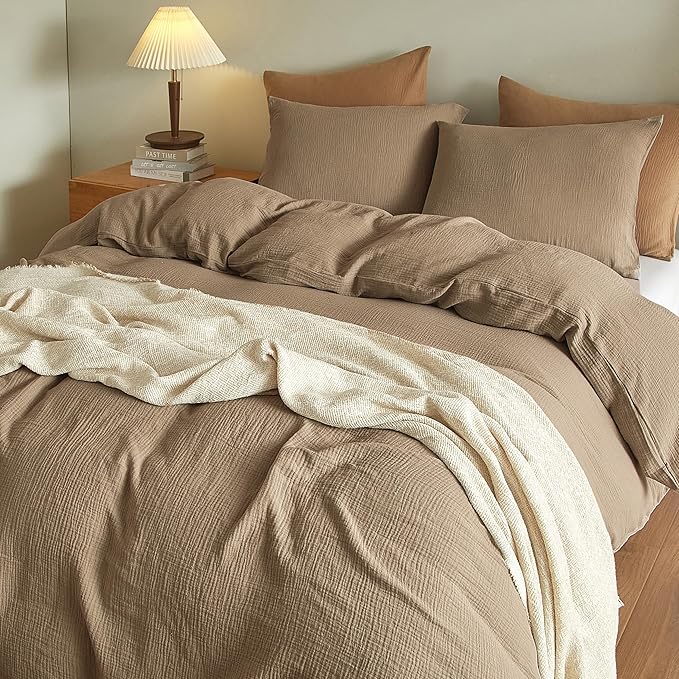 SE SOFTEXLY Muslin Duvet Cover Queen Size, 100% Washed Cotton Duvet Cover Set, Ultra Soft Comforter Cover Linen Like, 3 Pieces Minimalist Gauze Duvet Cover with 2 Pillowcases, 80"x90", Light Brown