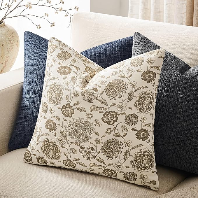 100% Cotton Botanical Throw Pillow Covers Set of 2, 20x20 Inch Latte, Farmhouse Double-Sided Floral Print Decorative Cushion Covers Pillow Cases Boho Home Decor