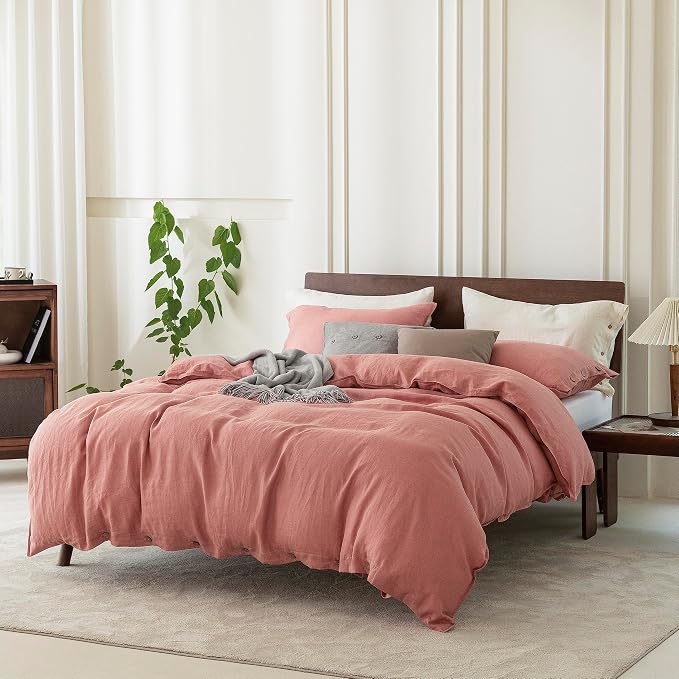 EVERLY 100% Pure Linen Duvet Cover Set Oversized King120X98Inch 3pcs (1 Duvet Cover,2 Pillowcases) Soft and Breathable for All Season with Coconut Button Closure, Suitable for Hot Sleepers-Pink