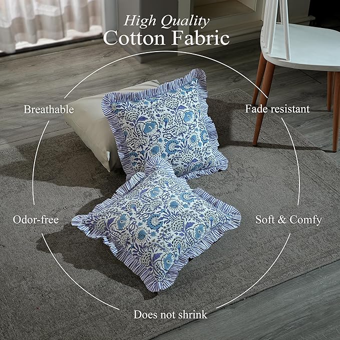 CPC Indigo Blue Ruffle Throw Pillow Covers for Couch, 18x18 Inch Cotton Stripe Ruffle Couch Pillows for Living Room, Hidden 14 Inch Zipper Boho Pillow Case or Cute Outdoor Pillows