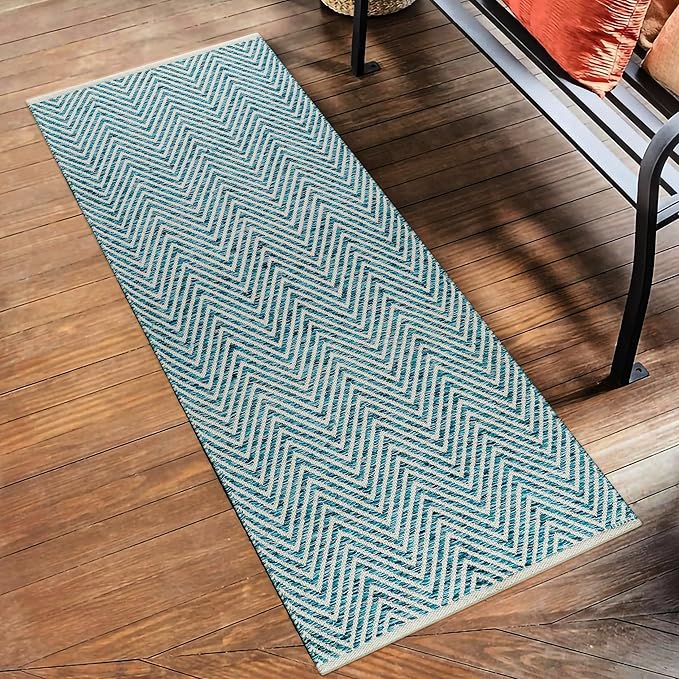 Cotton Chevron Hand Woven Area Runner Rug 2x6 Feet - Teal, Farmhouse Decorative Floor Runners Ideal for Hallways, Kitchen, Bedroom | Green Nursery Durable Geometric Reversible Living Space Patio Mats