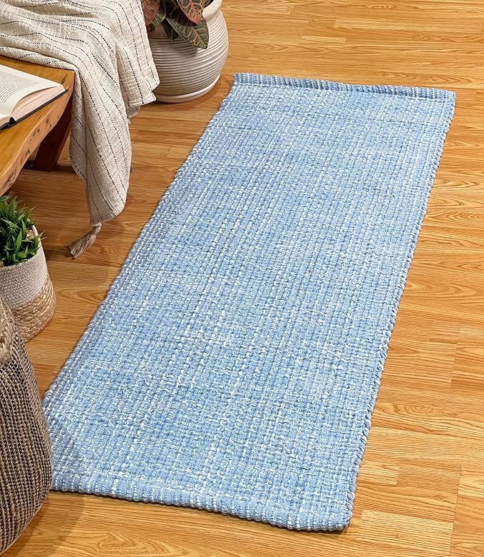 Chardin home Blue & White Reversible Runner Rug, 2x5 feet Machine Washable Cotton Rug, Perfect for hallways, stairwell, Kitchen Bedroom
