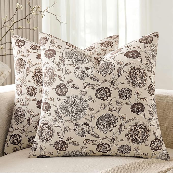 100% Cotton Botanical Throw Pillow Covers Set of 2, 18x18 Inch Chocolate, Farmhouse Double-Sided Floral Print Decorative Cushion Covers Pillow Cases Boho Home Decor