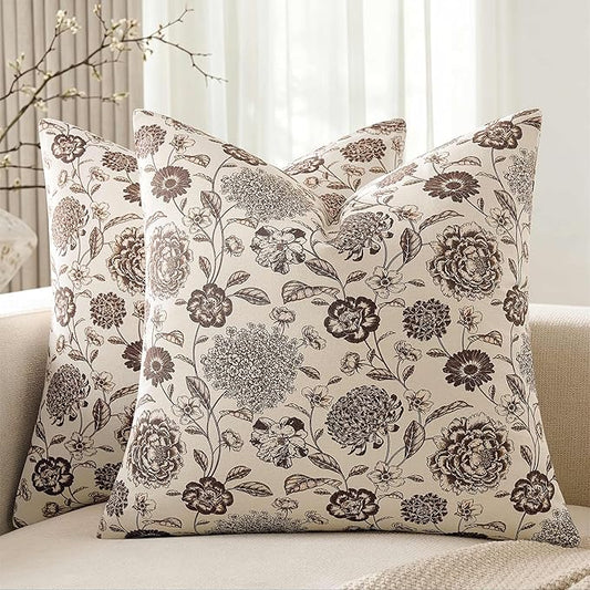 100% Cotton Botanical Throw Pillow Covers Set of 2, 20x20 Inch Chocolate, Farmhouse Double-Sided Floral Print Decorative Cushion Covers Pillow Cases Boho Home Decor