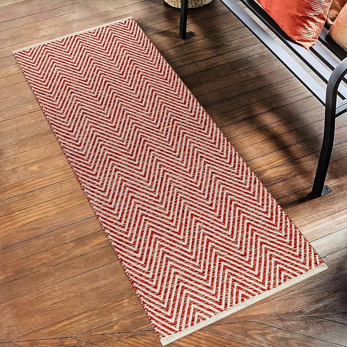 Cotton Chevron Hand Woven Area Runner Rug 2x6 Feet - Red, Farmhouse Decorative Floor Runners Ideal for Hallways, Kitchen, Bedroom | Nursery Durable Geometric Reversible Living Space Patio Mats